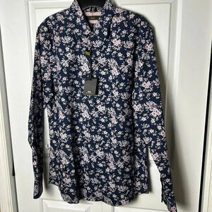 AKA SLIM FIT BLUE LONG SLEEVE SHIRT WITH  FLORAL PINK DESIGN . 100 cotton